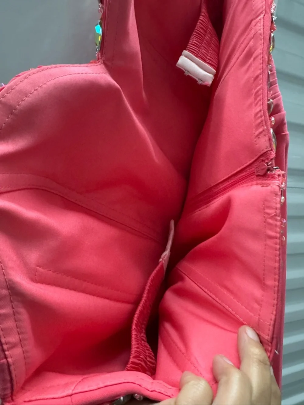 Strapless Coral Evening Gown with Embellished Sweetheart Bodice - Picture 7 of 8